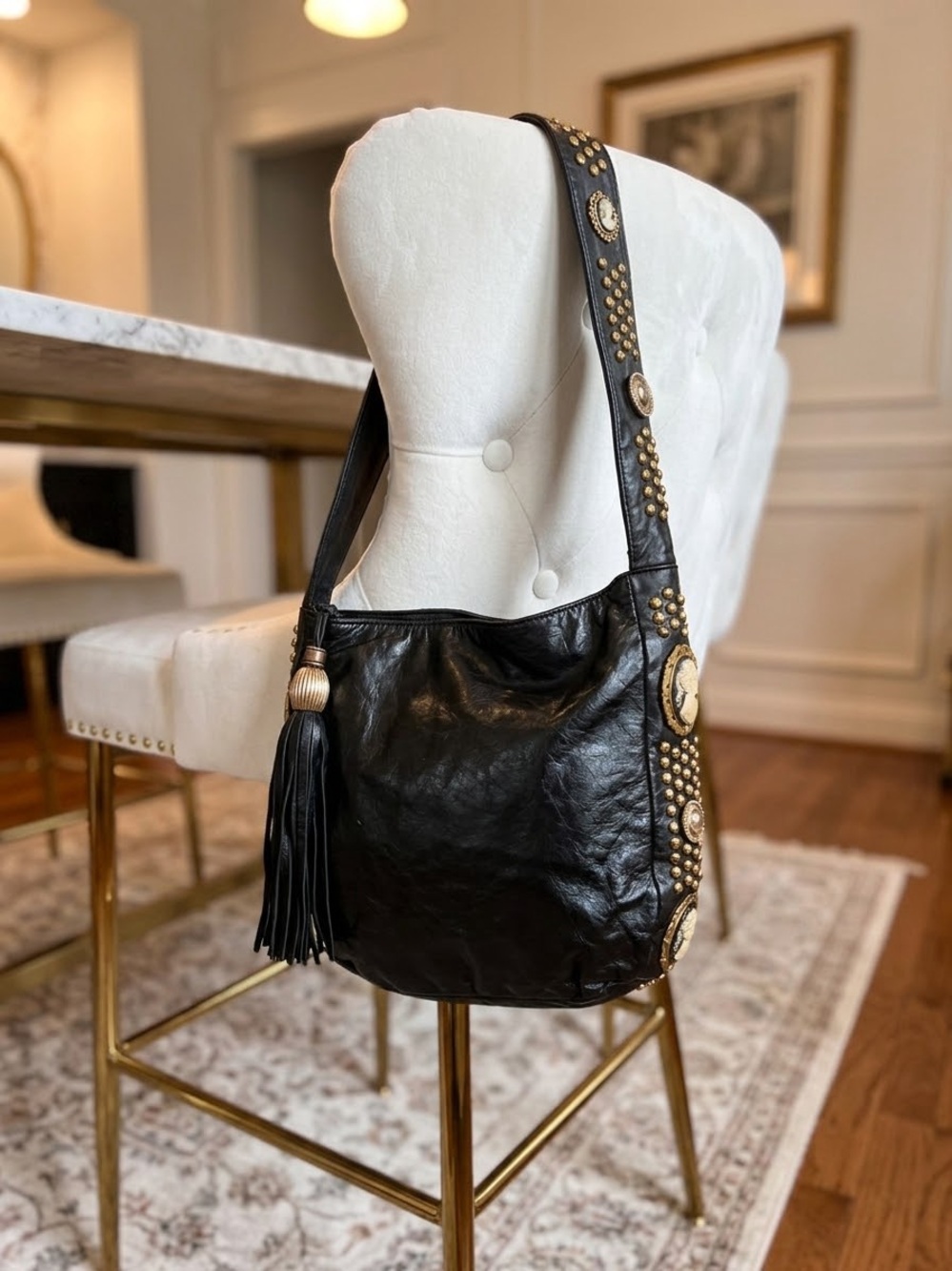 Black Studded Leather Hobo Shoulder Bag with Tassel cameo gold hardware